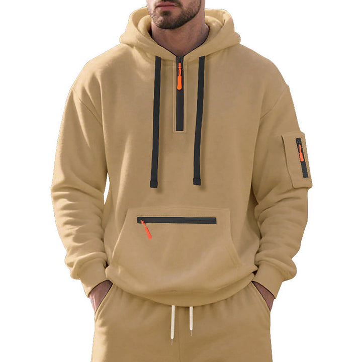 Męska krótki zamek bluza z kapturem z uszczelnione zippers, kangaroo zamek kieszeń, i arm kieszeń