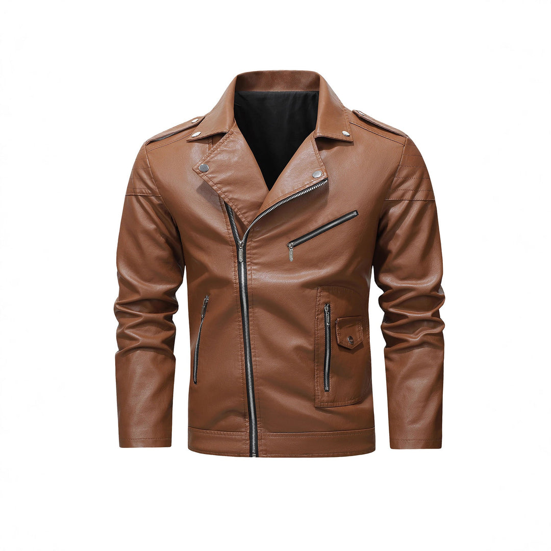 Męski biker kurtka wykonany z syntetyczna skóra z asymmetrical zamek i pikowany ramienny section