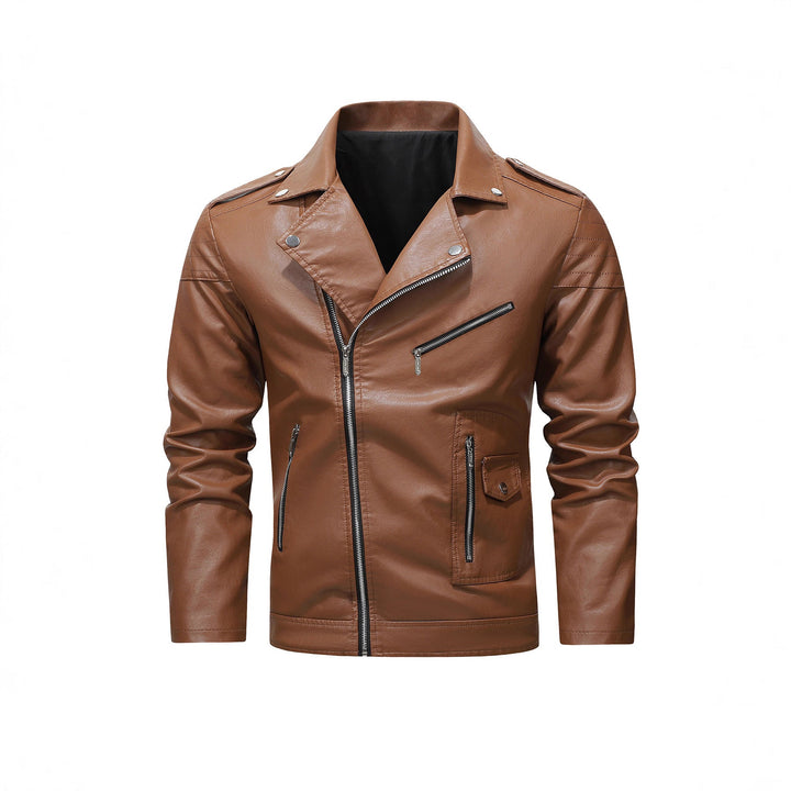 Męski biker kurtka wykonany z syntetyczna skóra z asymmetrical zamek i pikowany ramienny section