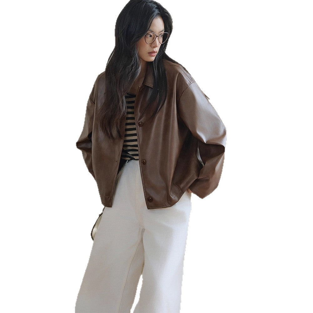 Damska boxy skórzany wygląd kurtka z koszulowa kołnierzem i guzikami listwą Lumaza