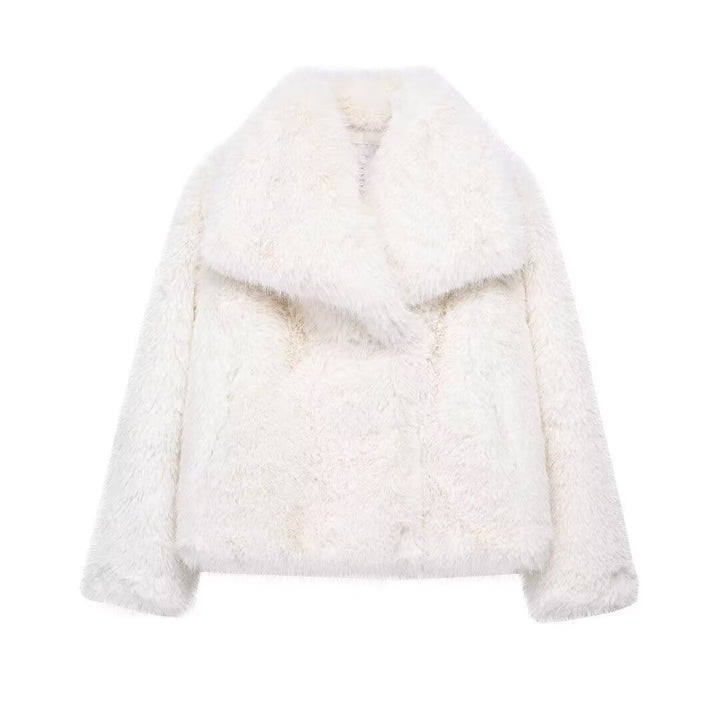 Damska krótka Faux Fur kurtka z Voluminous Shawl kołnierzem Lumaza