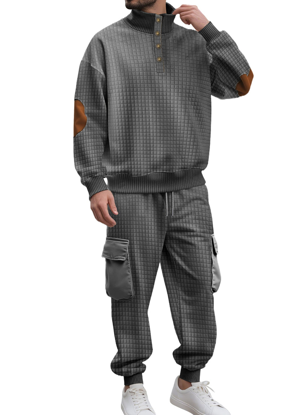 Męska kratka relief sweat set z stójka Listwa guzikowa, welur elbow patches i cargo jogger