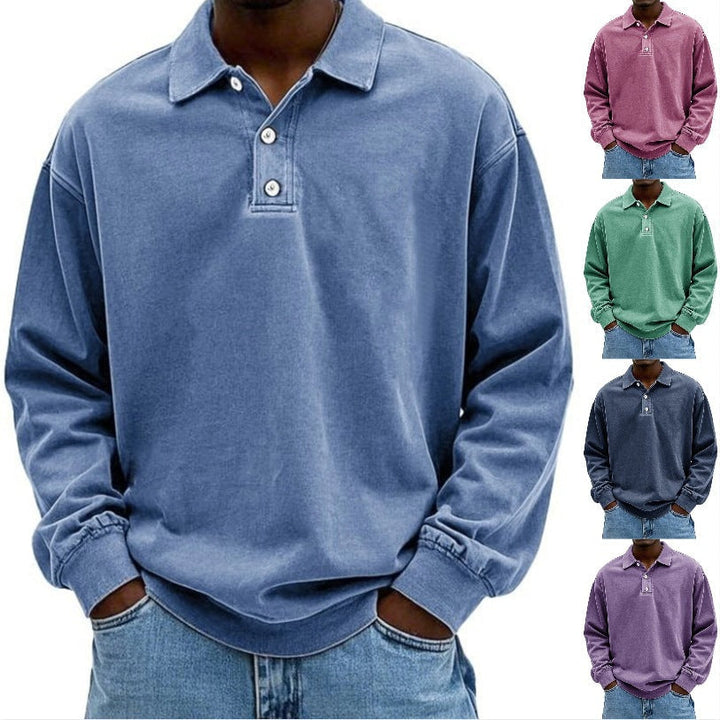 Męska Oversize Denim Wygląd Polo Bluza z Krótka Listwa guzikowa i Elastyczne mankiety EB
