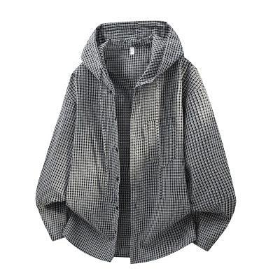 Męski Oversized W kratę Koszula z Kaptur, Drawstring &amp; Ukryty Guzik Placket