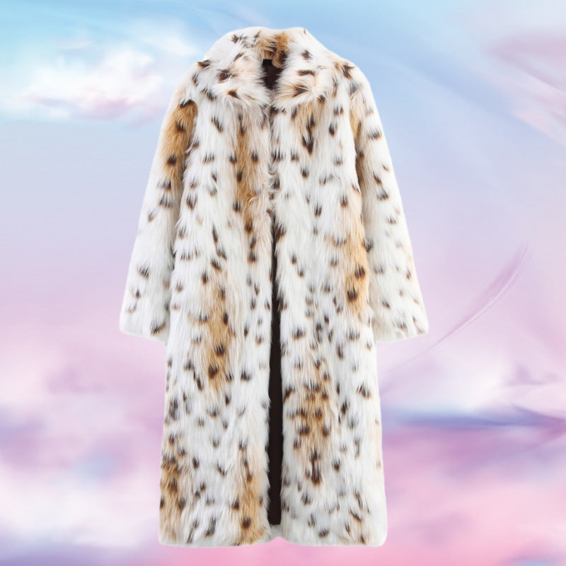 Damska Długa Oversize Sztuczne futro Płaszcz z Spotted Wildcat Print i Stójka
