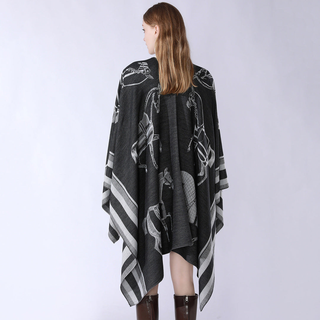 Damskie Jacquard Poncho Wrap z Horse Motif i Boxy Kimono Sylwetka