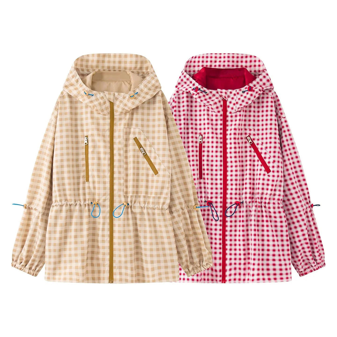 Damska checkered deszczem parka z kaptur, ściągacz Talia i diagonal zippered Kieszenie