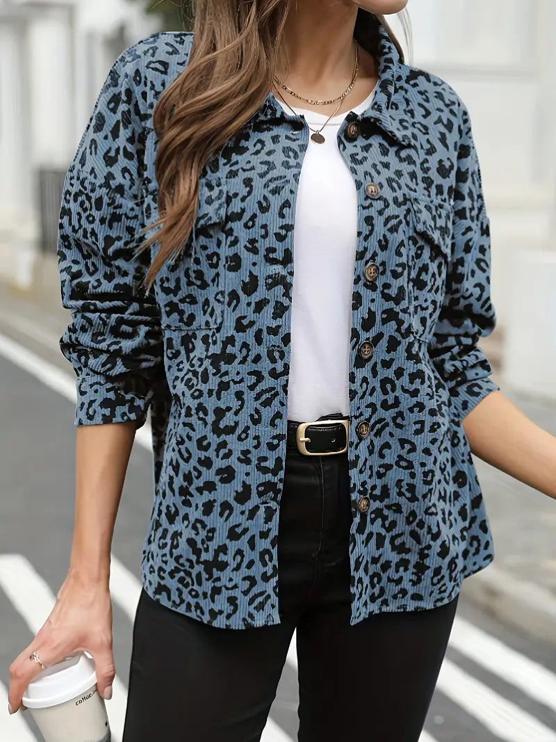 Damska oversize koszulowa kurtka in Cord Look z Leopard Print Lumaza