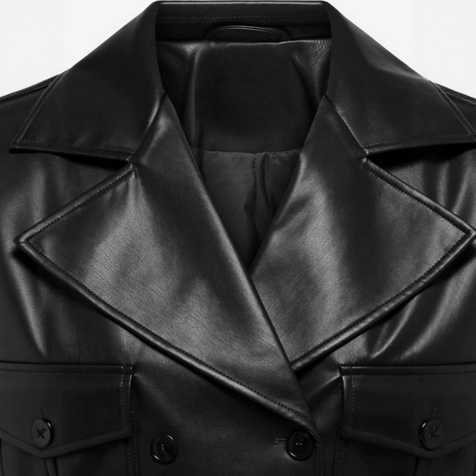 Damska krótka dwurzędna leather kurtka z wide lapels Lumaza