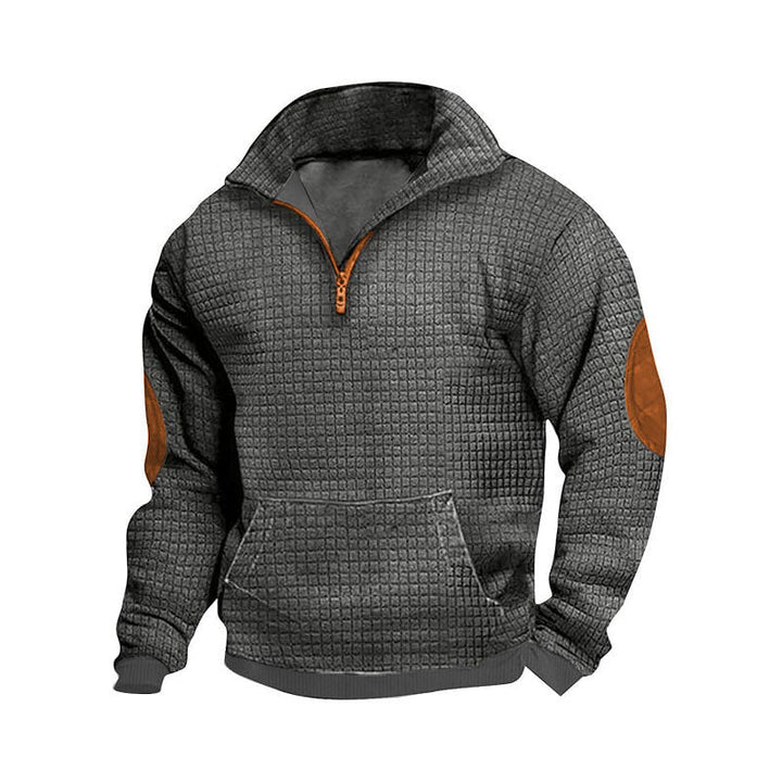 Męska strukturalny krótki zamek pulower z kieszeń kangurka i elbow patch
