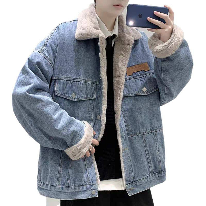 Męski Z podszewką Oversized Denim Kurtka z Teddy Podszewka i Flap Kieszenie