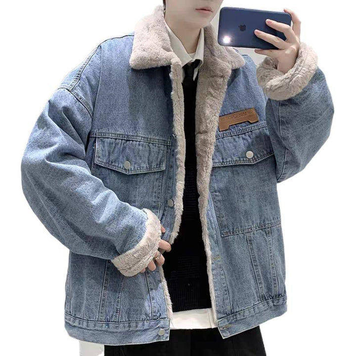 Męski Z podszewką Oversized Denim Kurtka z Teddy Podszewka i Flap Kieszenie