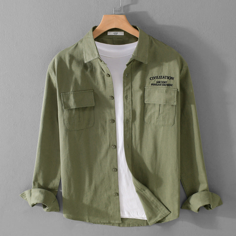 Męski Military-Inspired Koszula wierzchnia z Double Kieszenie na piersi i Subtelny Embroidery