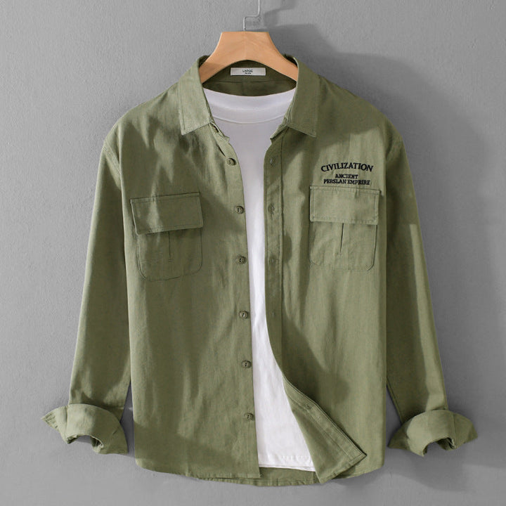 Męski Military-Inspired Koszula wierzchnia z Double Kieszenie na piersi i Subtelny Embroidery