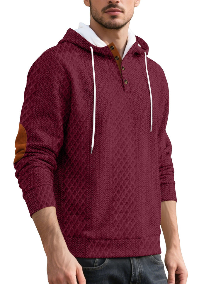 Męska nan diamond structure bluza z kapturem z krótka Listwa guzikowa, pikowana kaptur wewnętrzny edge, i zamsz elbow patch