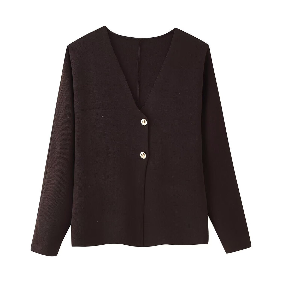 Damska Boxy Delikatna Dzianina Kurtka z Deep V-Neck i Golden Ozdobne guziki