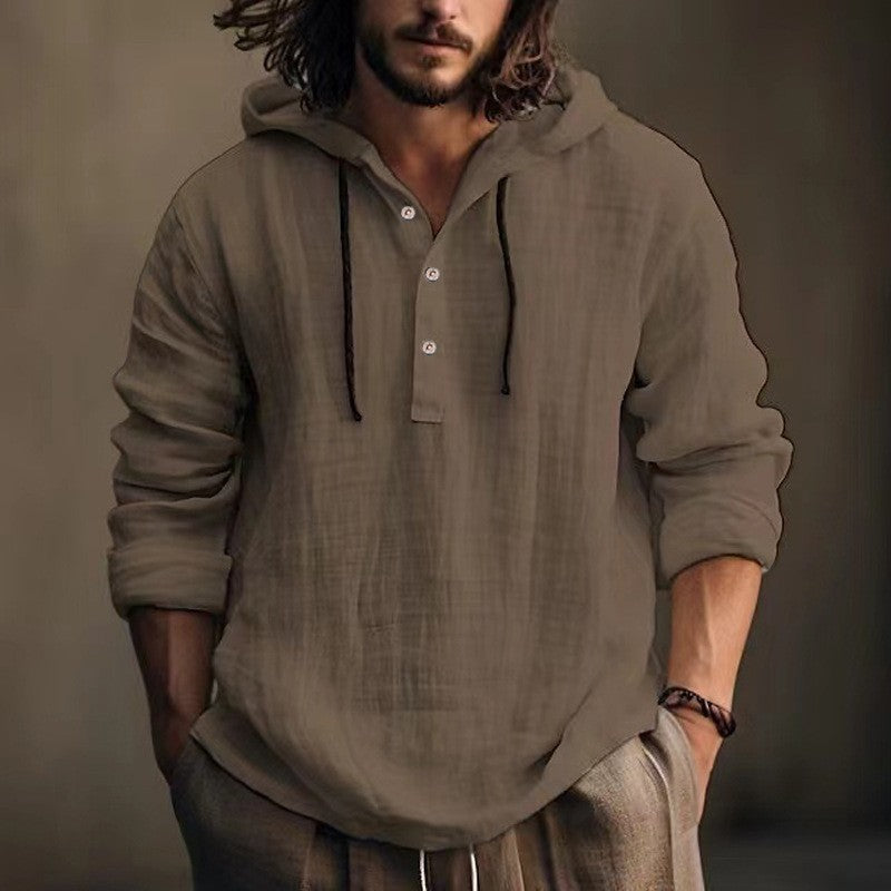 Męska Lekka z kapturem koszula z len wygląd i Henley Listwa guzikowa