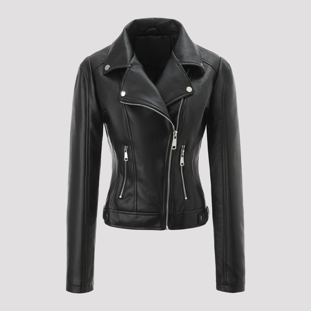Damska krótka dopasowana biker kurtka made of Nappa leather z asymmetrical zamkiem błyskawicznym Lumaza
