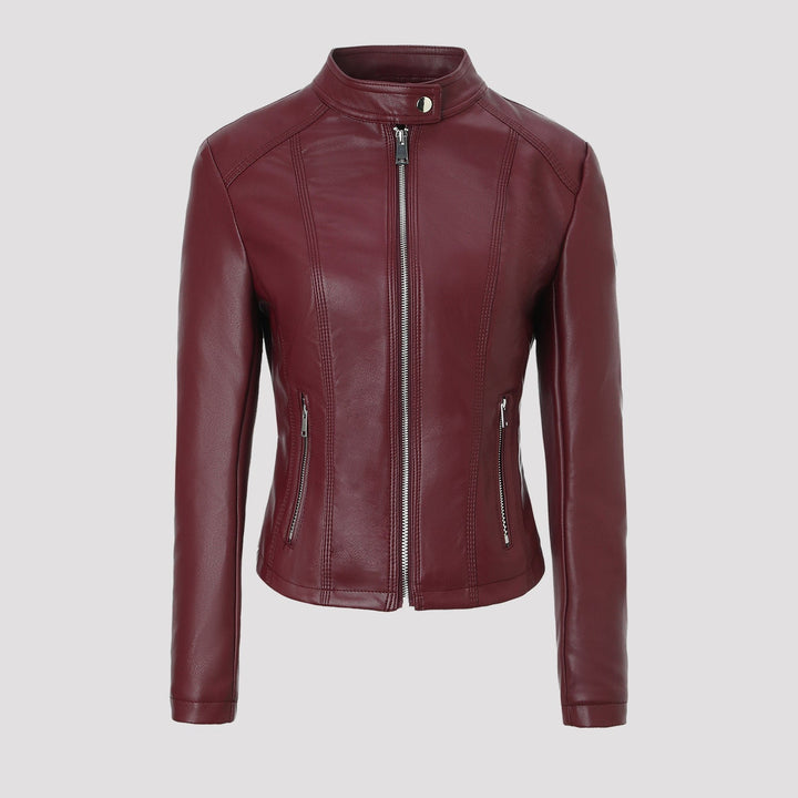 Damska taliowana Leather kurtka z ze stójką, Vertical Decorative Seams i z kieszeniami na zamek Lumaza