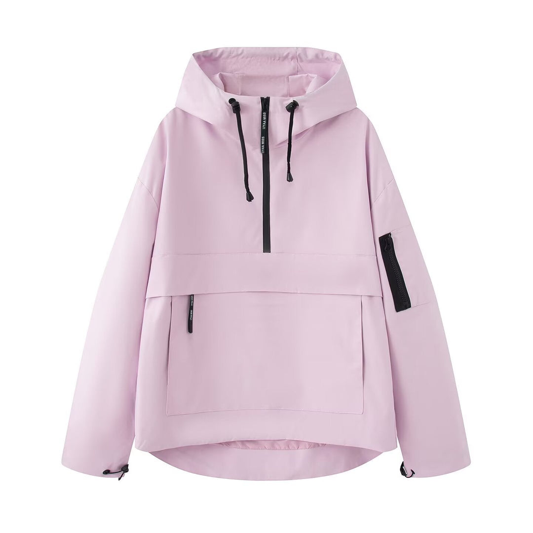 Damska wodoodporna oversize Anorak z kapturem, Half zamkiem błyskawicznym i Kangaroo Pocket Lumaza