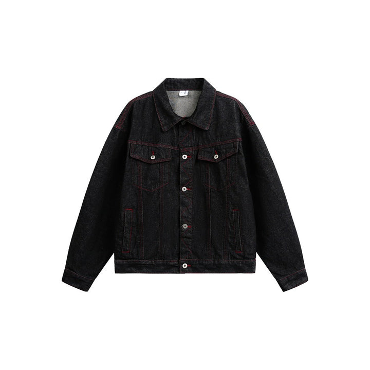 Męska boxy denim kurtka z Czerwony kontrastowy Stitchwg i Metal guziki