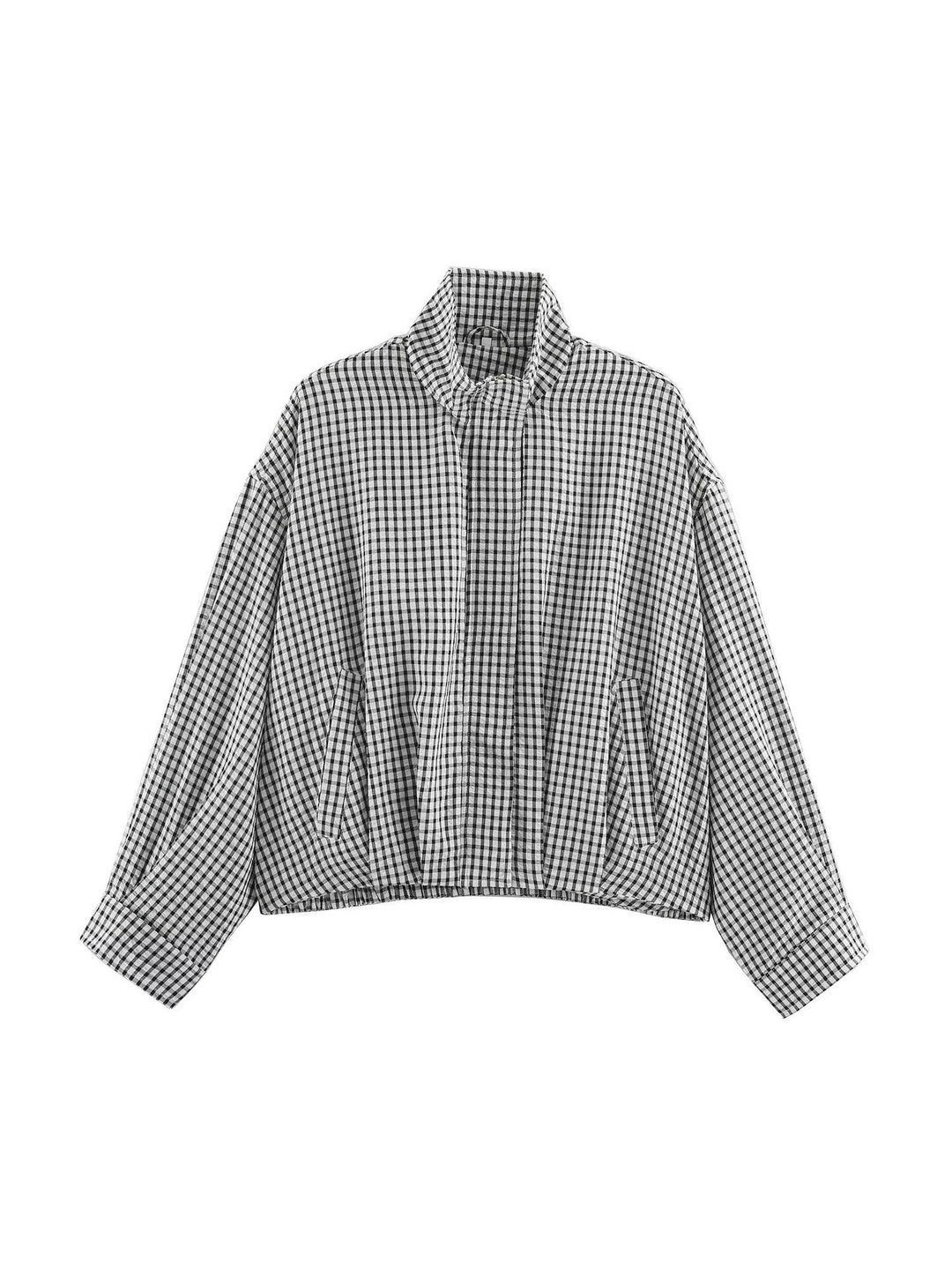 Damskie Oversize Checkered Bluzon Kurtka z Stójka