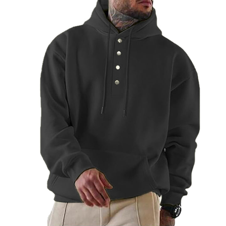 Męska bluza z kapturem z Henley Listwa guzikowa i kieszeń kangurka EB