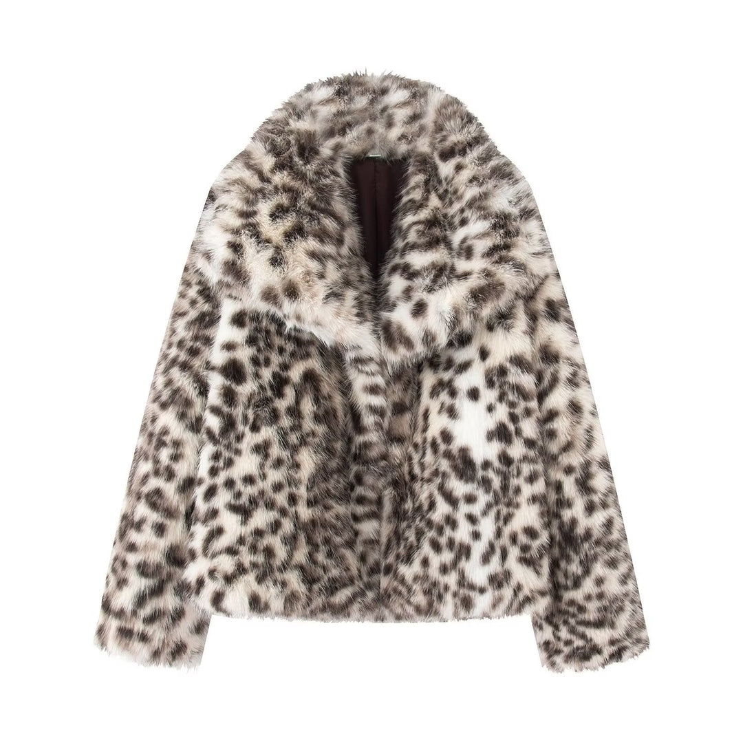 Damska krótka Faux Fur kurtka z Leopard Print Lumaza