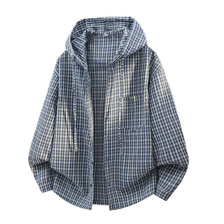 Męski Oversized W kratę Koszula z Kaptur, Drawstring &amp; Ukryty Guzik Placket