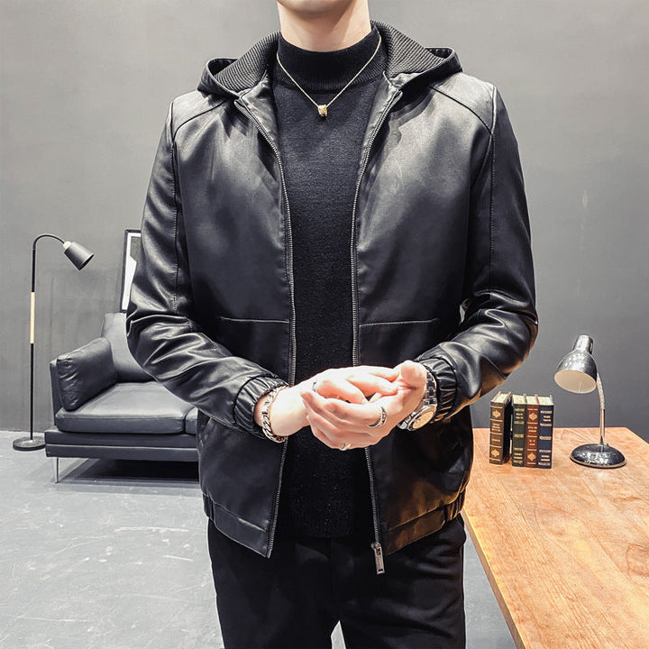 Męski Leatherette Hooded Blouson z Siatka Wewnętrzny Kaptur, Slim Silhouette i Full Zamek
