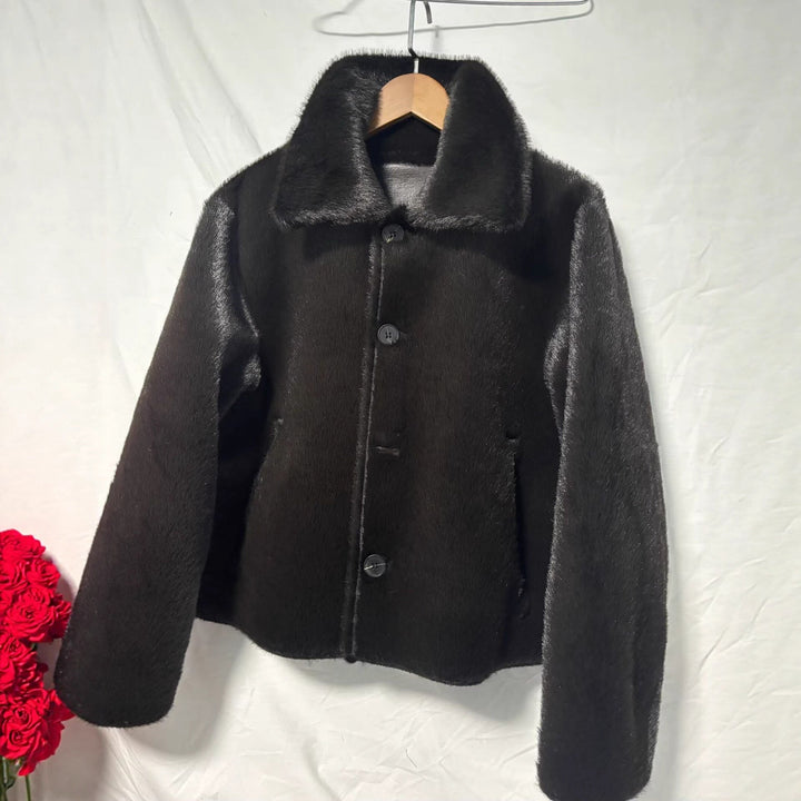 Damskie Boxy Kurtka z imitacji skóry z Sztuczne futro Kołnierz, Lambswool Imitation Podszewka i Guzik Zapięcie