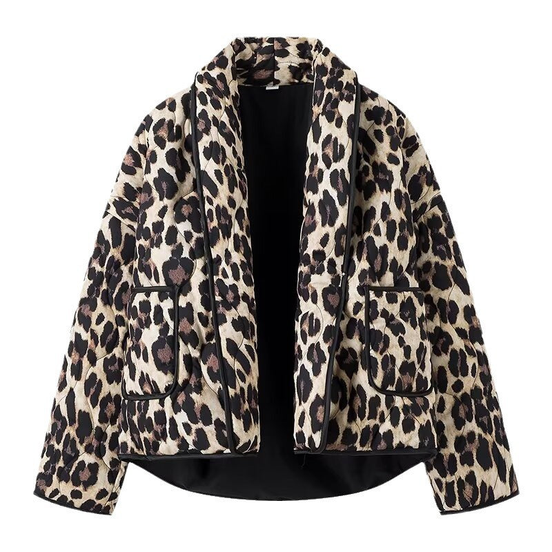 Damska Lined krótka kurtka in Leopard Print z Shawl kołnierzem i Piping Lumaza