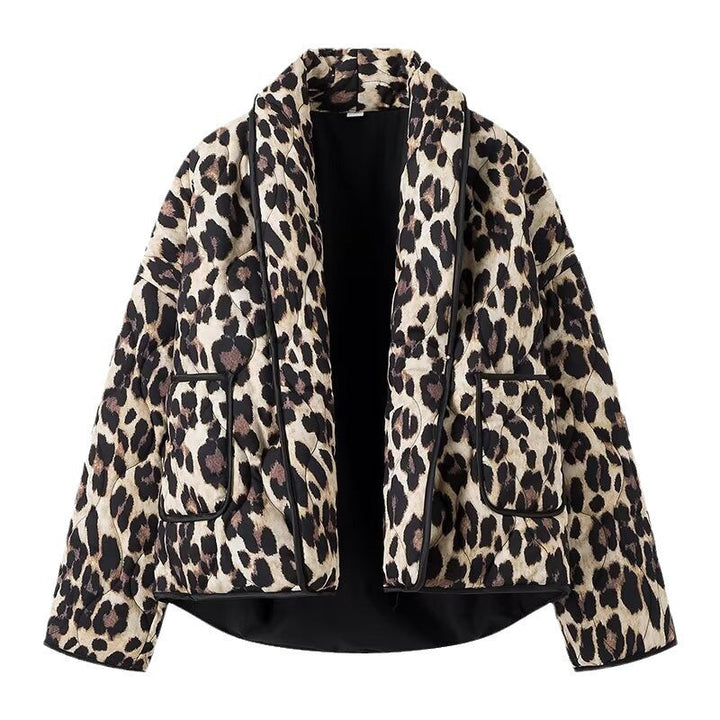 Damska Lined krótka kurtka in Leopard Print z Shawl kołnierzem i Piping Lumaza