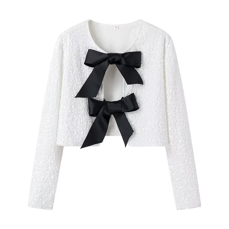 Damska krótka Sequin kurtka z Decorative Bows, Round Neckline i długa rękawami Lumaza