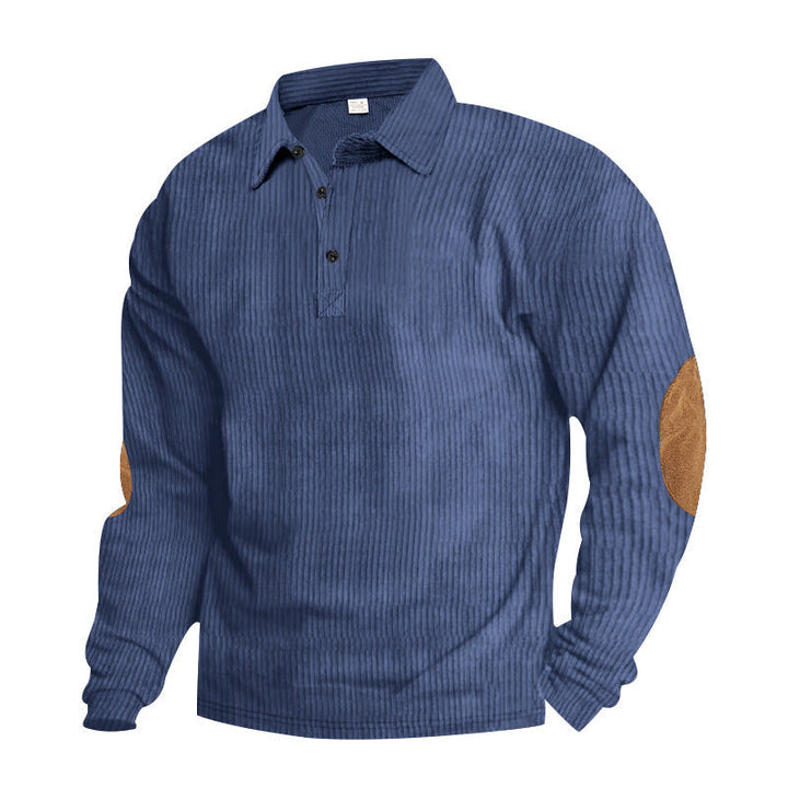 Męska heavy prążkowany bawełna polo sweter z Kent Kołnierz, triple Listwa guzikowa, i zamsz elbow patches
