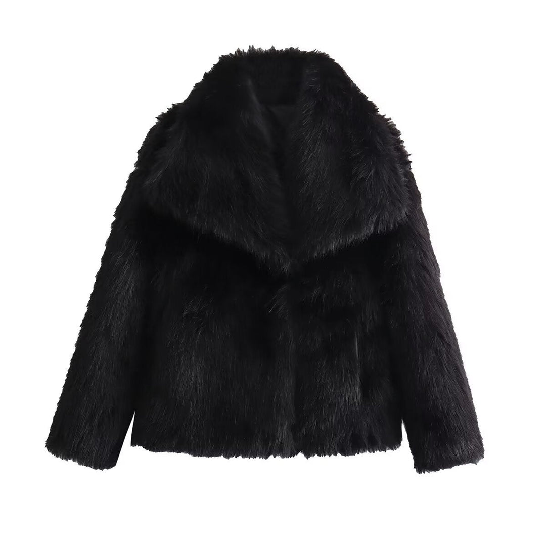 Damska krótka boxy Faux Fur kurtka z Wide Shawl kołnierzem i długa Fiber Faux Fur Lumaza