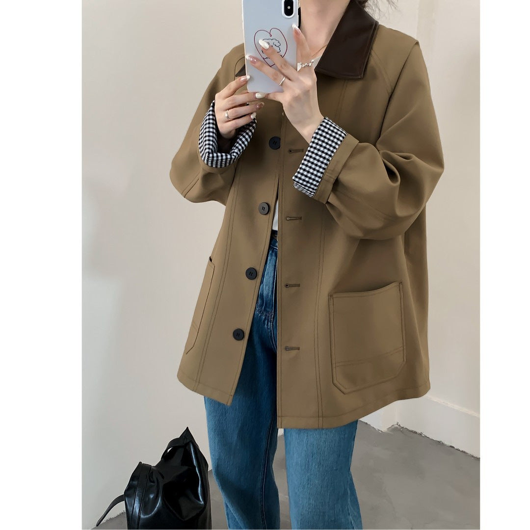 Damska oversize krótka kurtka in Trench styl z Leather-Look kołnierzem i Checked Cuffs Lumaza