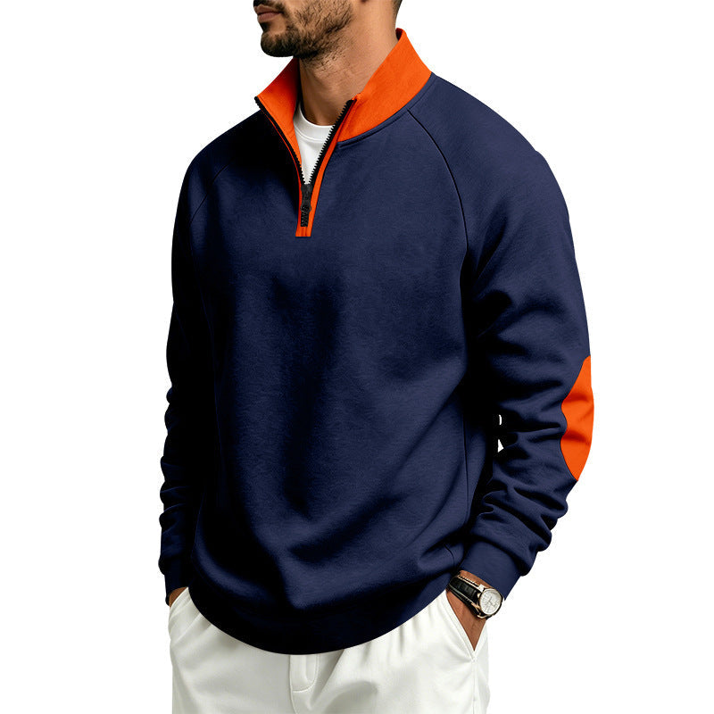 Męska bluza z krótki zamek, kontrastowy Kołnierz i elbow patches