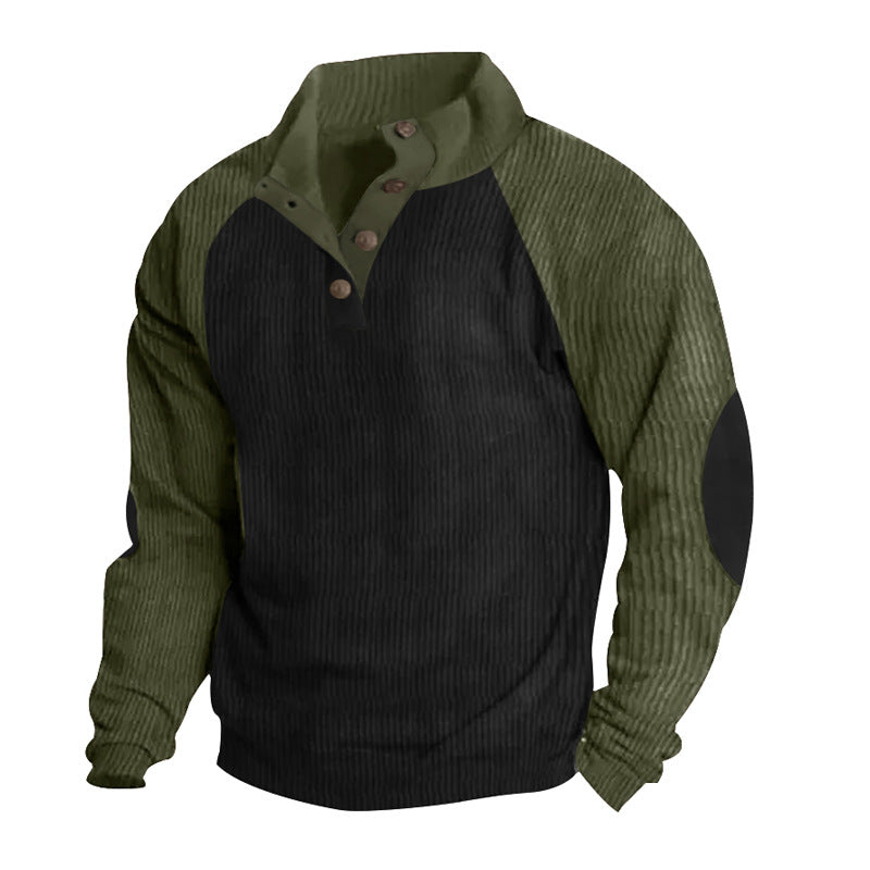 Męska termiczny cord pulower z Listwa guzikowa, stójka, raglanowy Rękawy, i elbow patches