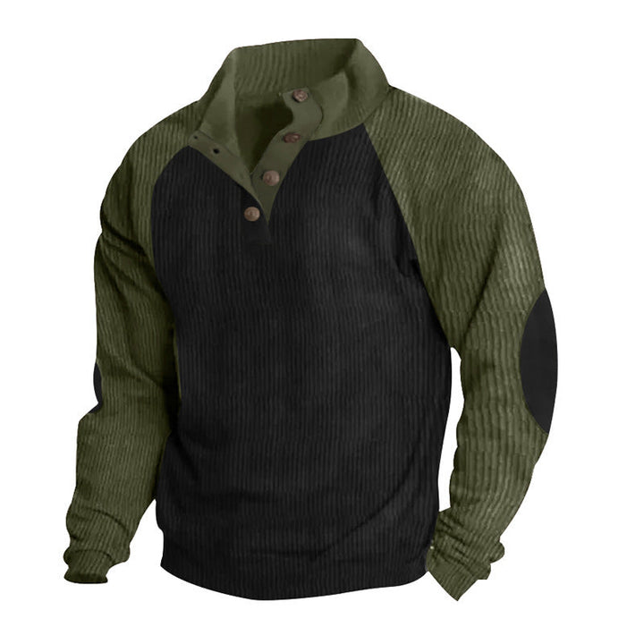 Męska termiczny cord pulower z Listwa guzikowa, stójka, raglanowy Rękawy, i elbow patches