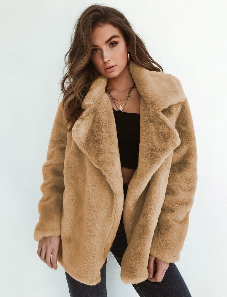 Damska Cozy oversize Faux Fur płaszcz z dużymi Lapel kołnierzem Lumaza