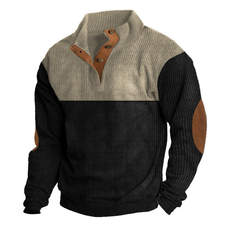 Męska strukturalny rugby sweter z Stójka, Listwa guzikowa, i skóra elbow patches