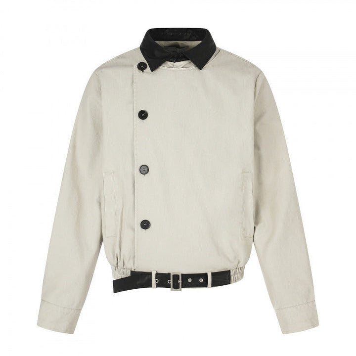 Męska krótki-cut bomberka blouson kurtka w vwtage canvas z skóra kołnierzem i waist belt