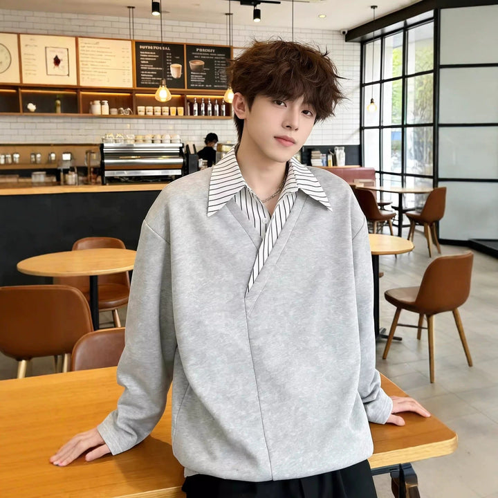 Męska Oversize Sweter z Zintegrowane Kołnierz koszulowy i V-Overlap Rękaw