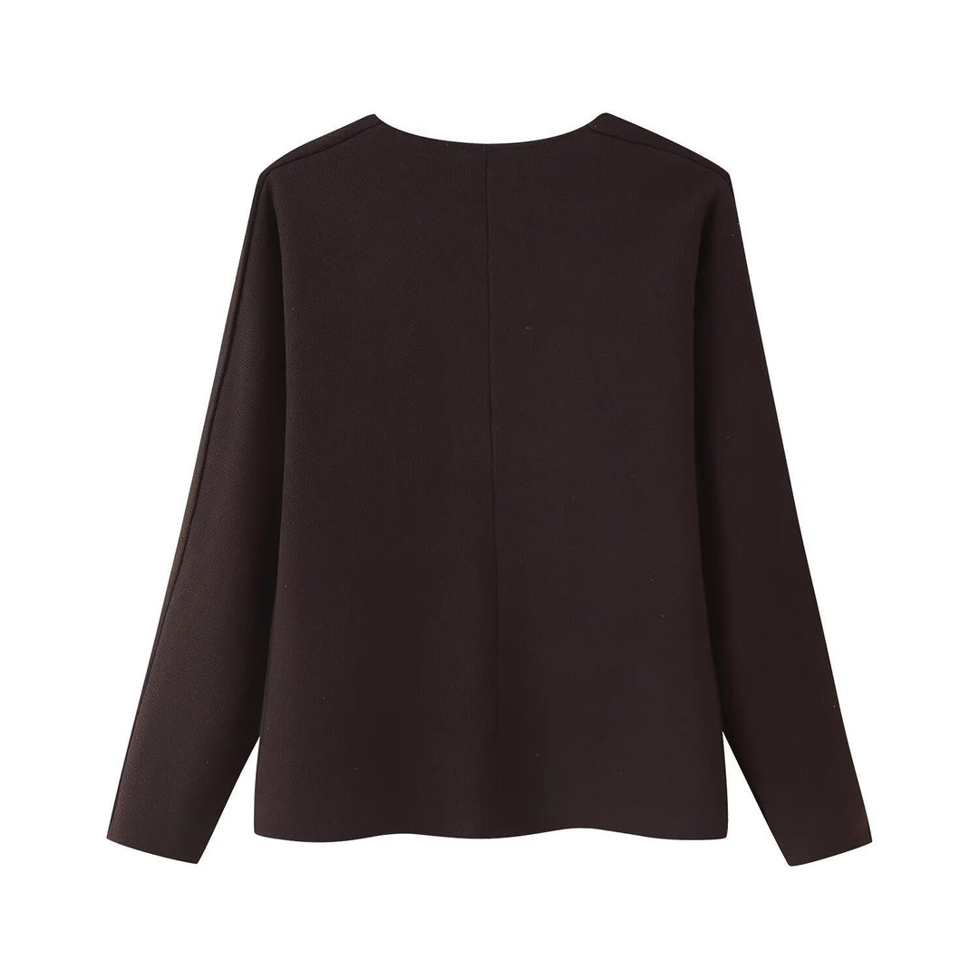 Damska Boxy Delikatna Dzianina Kurtka z Deep V-Neck i Golden Ozdobne guziki