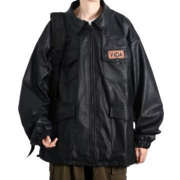 Unisex oversize funkcjonalna imitacja skóry kurtka z Multiple klapką kieszeniami Lumaza
