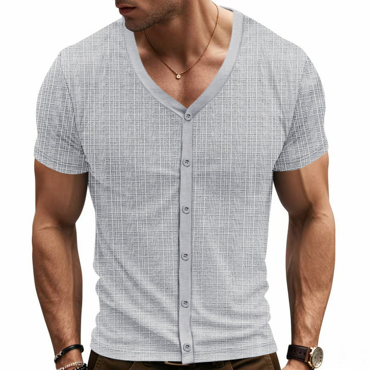 Męska krótka-sleeve delikatna dzianina kardigan z V-neck i continuous Listwa guzikowa