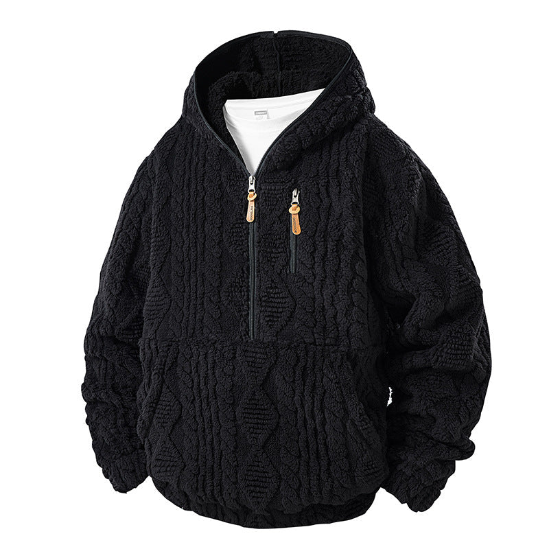 Męska Teddy Polar Half Bluza z zamkiem i kapturem z Strukturalny Dzianina Wygląd, Klatka piersiowa Zamek i Kieszeń kangurka