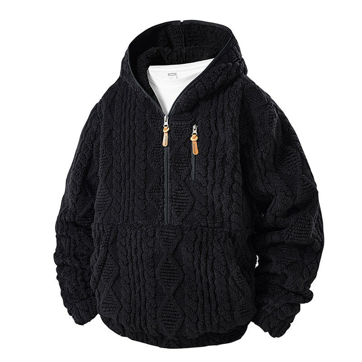 Męska Teddy Polar Half Bluza z zamkiem i kapturem z Strukturalny Dzianina Wygląd, Klatka piersiowa Zamek i Kieszeń kangurka