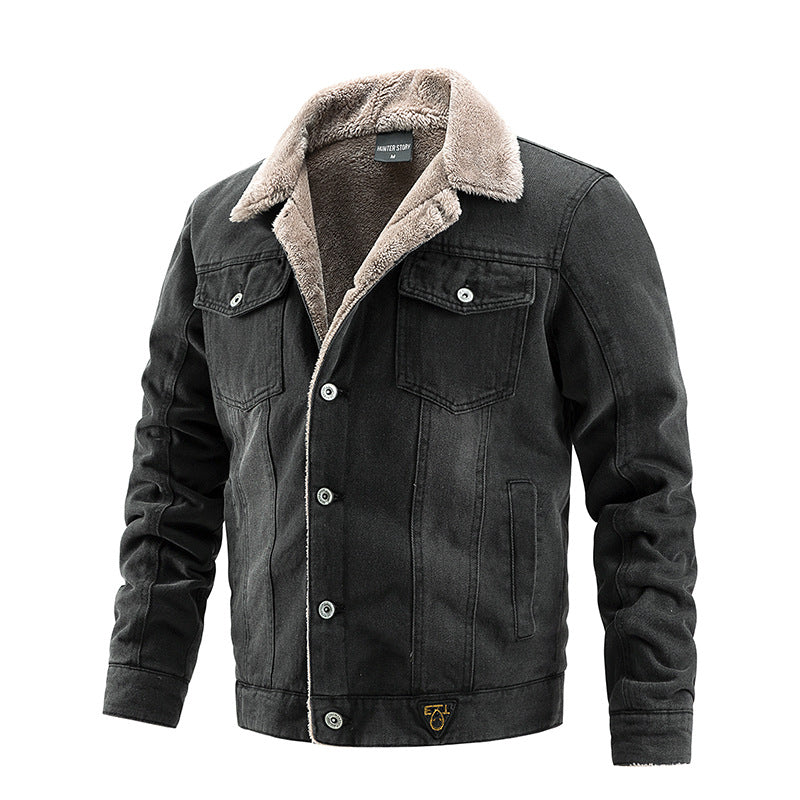 Męski Solidny Denim Trucker Kurtka z Sherpa Podszewka i Teddy Kołnierz